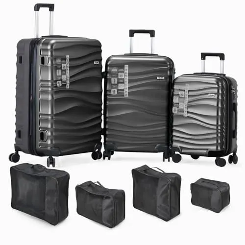 DMS® 7-teiliges Kofferset ABS Hartschale – 3 Trolleys (M/L/XL) mit 360° Rollen & Zahlenschloss + 4 Kleidersäcke – Reisekoffer Set leicht, robust, erweiterbar Urlaub & Business (Anthrazit)