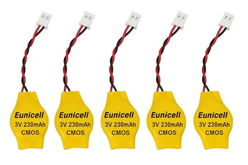 Produktbild Eunicell 5 x CMOS BIOS Batterie CR2032 3V Lithium-Knopfzelle mit MOLEX-Stecker (2-Pin) – RTC Pufferbatterie inkl. Kabel 15cm Länge für PC Mainboard & Laptop | Behebt Uhrzeitfehler