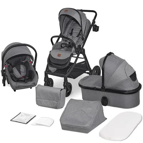 BRONEA ELEGANCE 3-in-1 Kombi-Kinderwagen – Babywanne, Buggy & Auto-Babyschale | Komplettset mit Zubehör | faltbar, leicht & stylisch | Schwarz/Grau
