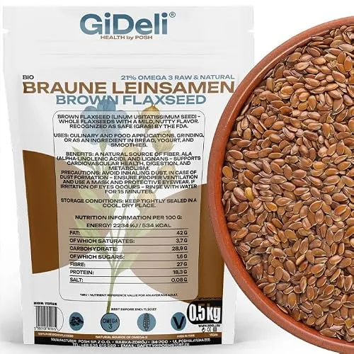 GiDeli Leinsamen Braun 500g ganz Braune Leinsamen Leinsaat Braun Müsli zum Backen Naturprodukt Vegan