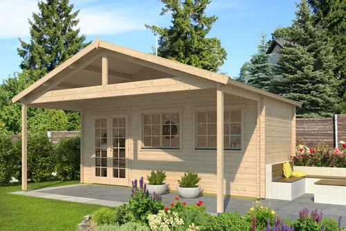 Fjordholz Gartenhaus Rolf 44 A mit Vordach – Stabil und Vielseitig - Robustes Gartenhaus mit 44mm Wandbohlen aus nordischer Fichte, ideal für jedes Wetter. Extra hohe Doppeltür und hochwertige Fenster garantieren eine optimale Nutzung.