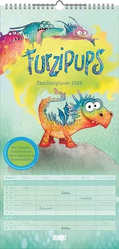 DUMONT - Familienplaner Furzipups der Knatterdrache 2026 – 22x45 cm – Wandkalender mit 5 Spalten & lustigen Illustrationen, Familienkalender für Kinder
