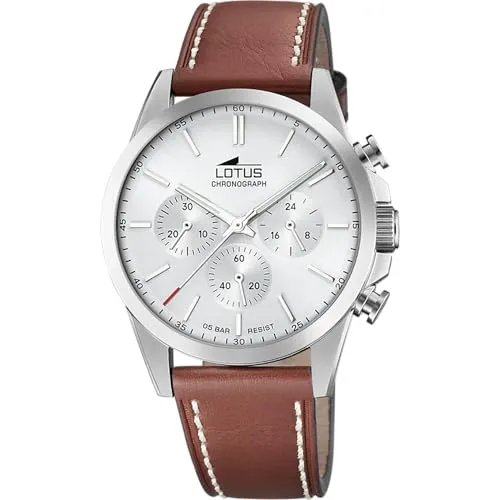 Lotus Herren Analog Uhr Braunleder - Quarzwerk - Chronograph - Mineralglas mit hoher Widerstandsfähigkeit - Wasserdicht 5 ATM Elegant 18990/1 Chrono