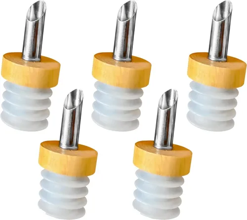 Ausgießer Holz, Essig Öl Flaschen Korken Edelstahl Wein Spirituosen Dosierer x5