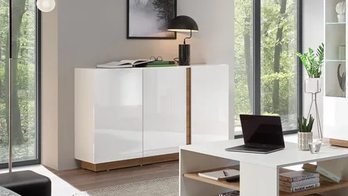 Sideboard 52 Clair Kommode Anrichte in Weiß Glanz und Eiche