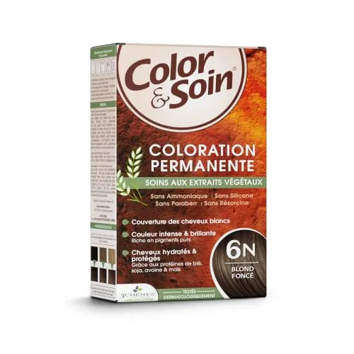 Chênes Color & Soin 6N Dunkelblond – Haarfarbe ohne Ammoniak | Dauerhafte Haarfarbe ohne Ammoniak – deckt graue Haare vollständig ab – mit Omega 9 und Pflanzenproteinen 3