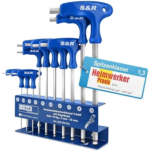 SundR Sechskantschlüssel 365535010, 10-teilig mit T-Griff - Schraubwerkzeuge: Ergonomischer T-Griff ermöglicht hohe Anzieh- und Lösemomente, inklusive Kugelkopf für schwer erreichbare Schrauben, geliefert im stabilen Metallständer.