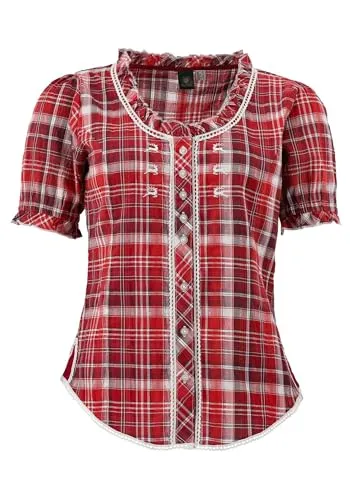 OS Trachten Damen Bluse Kurzarm - Mittelrote Trachtenbluse mit Rundhalsausschnitt - Trachtenblusen in taillierter Form mit Hirsch-Stickereien und Kräuselärmeln, ideal für festliche Anlässe oder das Oktoberfest.