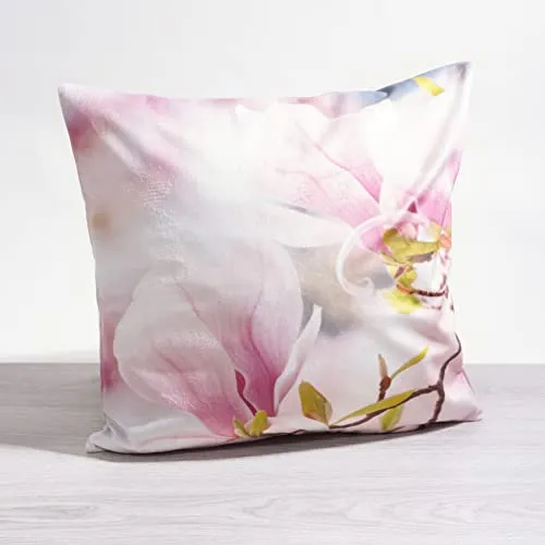 LYSEL Kissen Deko rosa Blume Magnolie 40x40 Polyester Kissenbezug Dekokissen