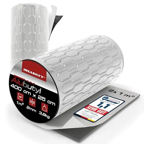 HASKYY Schalldämmung Alubutyl 2 Rollen - Auto Akustik-Bezugsstoffe - Selbstklebende Dämmmatte für effektiven Lärmschutz und HiFi-Verbesserung im KFZ-Bereich, ideal für Geräuschreduzierung und Schallisolierung.