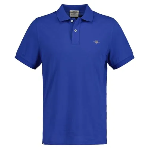 Gant Herren REG Shield SS Pique Polo, Rich Blue, M - Poloshirt für Herren mit normaler Passform, Flachstrickkragen und grafischer Gant Stickerei für einen stilvollen Look.