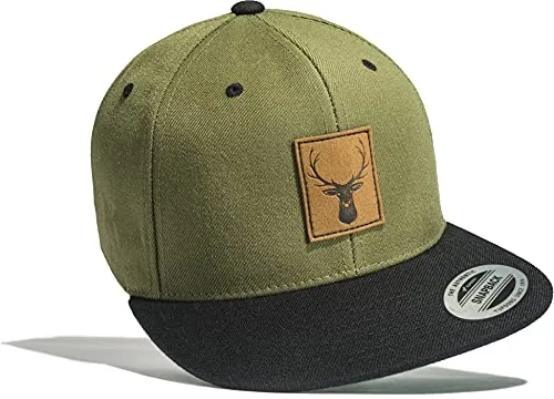 Baddery Outdoor Cap Flexfit Snapback : Hirsch (Leder-Patch) - Kappe Herren & Damen - Kletter Ausrüstung Wander Zubehör (Green-Black)