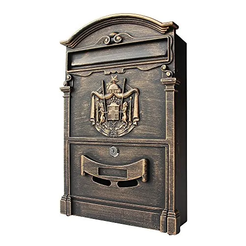 Melko Briefkasten Retro Vintage Gold mit A4 Einwurf-Format Wandbriefkasten Patina mit Namensschild und Sicherheitsschloss