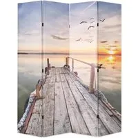vidaXL Klappbarer Raumteiler 160x170cm See-Motiv - Paravent aus stabilem Tannenholz und beidseitig bedrucktem Leinwand-Vlies, ideal für Privatsphäre und Raumtrennung mit einem traumhaften See-Motiv.