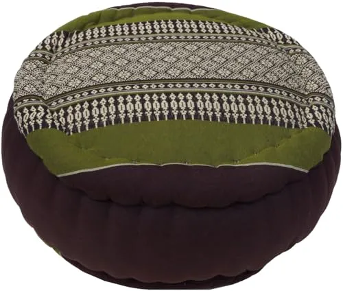 GURU SHOP Rundes Meditationskissen - Yoga Kissen in Braun/Grün - Bequemes Meditationskissen mit stabiler Kapokfüllung für optimalen Sitzkomfort. Ideal für Meditation oder als stilvolles Bodenkissen. Mit praktischer Trageschlaufe für einfache Handhabung.