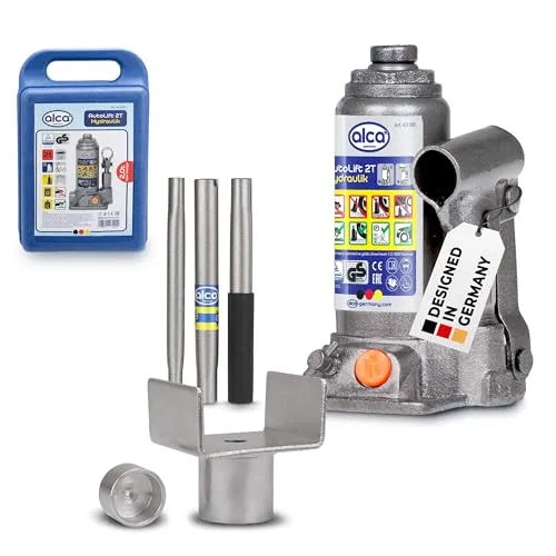 alca® Hydraulischer Wagenheber 2t im Koffer mit U-Adapter - Robuster hydraulischer Stempelwagenheber (2t) mit U-Adapter für sicheres Anheben von PKW, SUV und Caravan. Hubhöhe von 158–308 mm, kompakt im Koffer und ideal für verschiedene Hebesituationen.