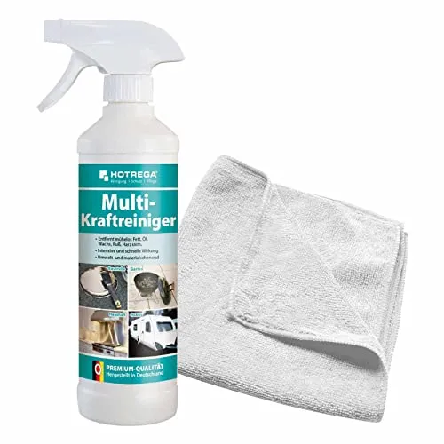 HOTREGA Multi-Kraftreiniger 500 ml | Universalreiniger für Kunststoff, Glas, Stein, Keramik, Metall, Holz & Textiloberflächen | inkl. Microfasertuch