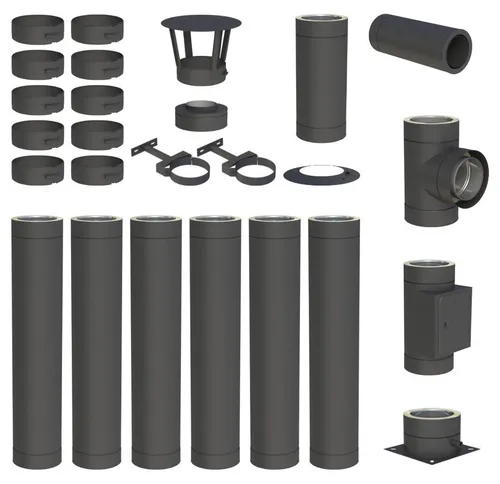 7,1 m Edelstahlschornstein Ø 130 mm Komplettset doppelwandig Jeremias DW-Black - Das 7,1 m Edelstahlschornstein Komplettset bietet hohe Qualität und einfache Montage. Mit praktischen Muffen zur schnellen Verbindung und vielseitig einsetzbar für Wand- oder Bodenmontage. Ideal für eine sichere und langlebige Lösung.
