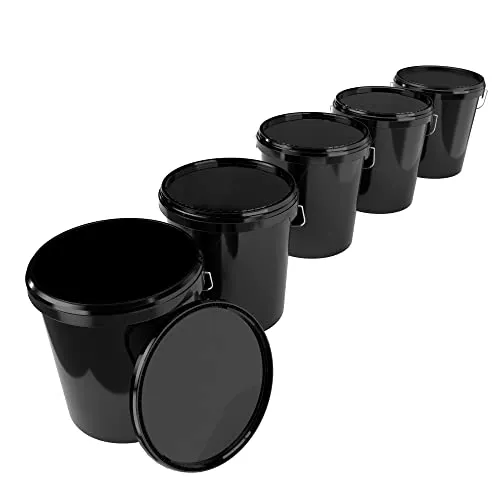 5X Eimer mit Deckel 16 Liter Schwarz - Lebensmittelechter Kunststoff-Eimer mit luftdichtem Verschluss – ideal zur Lagerung von Lebensmitteln und chemischen Produkten, stabil und umweltfreundlich.