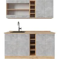 Vicco R-Line Singleküche 160 cm in Beton/Goldkraft Eiche - Praktische Singleküche mit modularem Aufbau für individuelle Gestaltung. Ergonomische Arbeitsplatte und höhenverstellbare Füße sorgen für Komfort. Ideal zum Platzsparen in kleinen Wohnungen oder WGs.