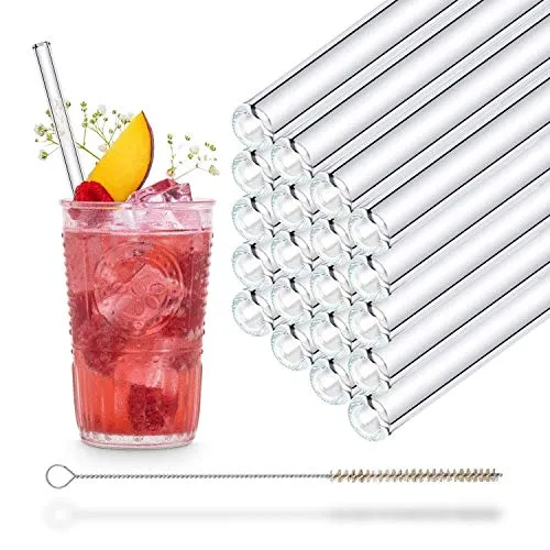 HALM Glas Strohhalme Wiederverwendbar Trinkhalm - 20 Stück gerade 20 cm + plastikfreie Reinigungsbürste - Spülmaschinenfest - Nachhaltig - Glastrinkhalme Glasstrohalme für Long-Drinks, Smoothie