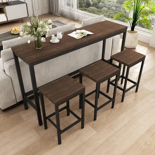 okwish Esstisch-Set 4-teiliges Tisch- und Hocker-Set mit Bar-Charakter,Küche Esstisch,Kneipentisch mit 3 Sitzhockern, Dunkelbraun