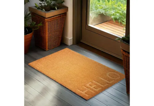 BRUBAKER Fußmatte Hello - 45 x 75 cm Schmutzfangmatte aus 100% Kokos - 3D Fußabtreter, Rechteckig, Höhe: 16 mm, Türmatte für Außen und Innen - Wetterfest und Rutschfest - Braun