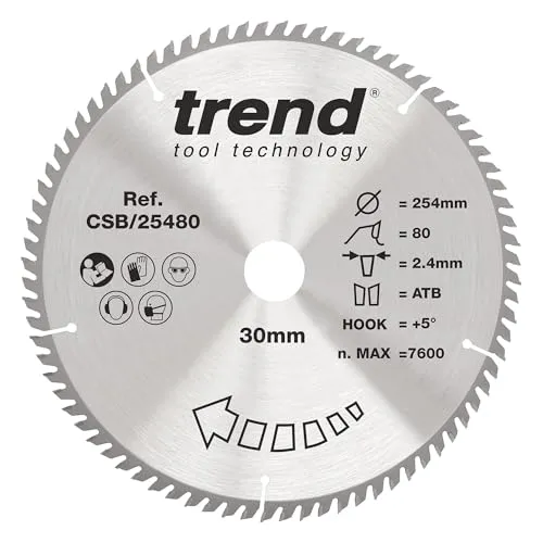 Trend Wood Kreissägeblatt, 254 mm Durchmesser, 30 mm Bohrung, 80 Zähne, 2,4 mm Schnittfuge, +5° Haken, TCT, extrafeine Oberfläche, CSB/25480