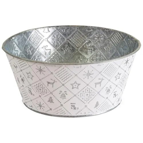 Runder Pflanztopf Winterdeko, Pflanzkübel in Ø 20 x 9 cm, Silber - Metall Pflanzschale als Weihnachtsdeko - Dekorative Blumenschale für Zimmerpflanzen, Blumentopf für Fensterbank oder Garten