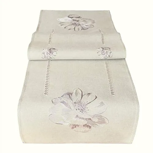 Raebel OHG Tischdecke Tischläufer Mitteldecke Läufer HOHLSAUM Weiß Grau Blüte 3 D Stickerei 100% Polyester 40 x 140 cm Tischläufer