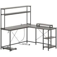 COSTWAY L-förmiger Eckschreibtisch mit LED und Steckdosen - Schreibtisch mit integriertem LED-Streifen und 4 Steckdosen, ideal für Gaming und Home Office. Bietet Flexibilität durch reversibles Design und viel Stauraum für eine organisierte Arbeitsumgebung.