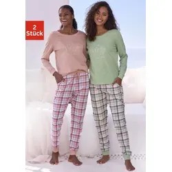 Pyjama VIVANCE DREAMS, Damen, Gr. 36/38, grün (grün und rosa, kariert), Single Jersey, Obermaterial 2: 100% Baumwolle, kariert, Basic, bequem lang, Rundhals, eingesetzt Rippbündchen, Homewear-Sets Pyjama, Elastische Rippbündchen