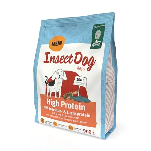 Green Petfood InsectDog High Protein (1 x 900 g) | Adult | Premium Trockenfutter für ausgewachsene aktive Hunde | Lachs- & Insektenprotein & roten Linsen | kleine Krokette | getreidefrei | 1er Pack