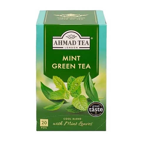 Ahmad Tea Green Mint - Grüner Tee mit Minze - Einzeln Verpackte, Aromaversiegelte Teebeutel mit 2g Tee pro Portion - 20 Teebeutel mit Band