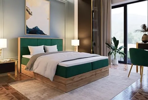 Marlux-Meble Boxspringbett 160x200 mit Matratze und Bettgestell - Polsterbett 160x200 mit Bett Kopfteil Matratzen Topper und Bettkasten (Leoni II, Flaschengrün)