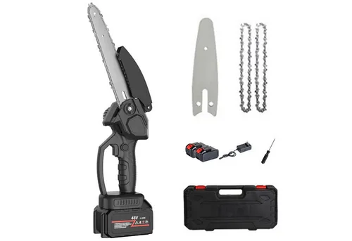 OKWISH Akku-Kettensäge Mini Kettensäge Elektro Einhand Motorsäge Handkettensäge, 8 Zoll 10 Abschnitte 48V, mit 2x 12000mAh Akku 2x Ketten und Werkzeugkoffer, für Gartenscheren Astschere Holzschneidenz