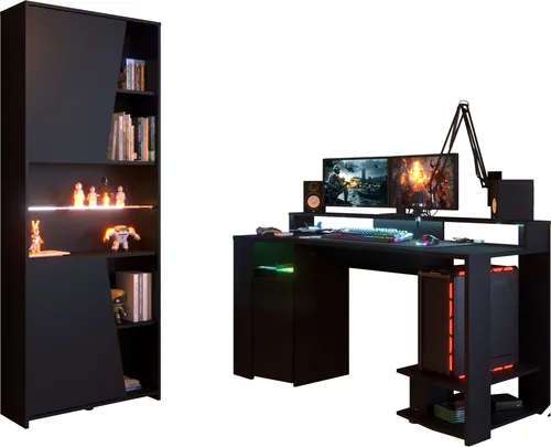 Gamingtisch Set Gaming 2 inkl. Regal und LED-Beleuchtung - Das Gaming 2 Set überzeugt durch einen stabilen Schreibtisch (152x87x62 cm) und ein Regal (68x180x28 cm) in elegantem Schwarz. Die LED-Beleuchtung im Regal schafft eine individuelle Atmosphäre und die großzügige Oberfläche bietet ausreichend Platz für Ihre Gaming-Ausrüstung.