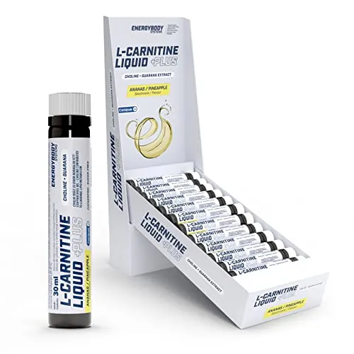 Energybody® L-Carnitine Liquid Plus - 20x30ml - Praktisches L-Carnitin Getränk mit Cholin & Guarana für unterwegs. Ideal für aktive Menschen, die ihre Fitness unterstützen möchten. Leckerer Ananasgeschmack und hergestellt in Deutschland.