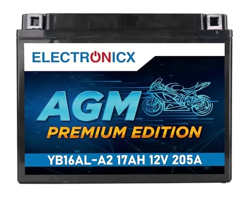 Electronicx AGM Motorradbatterie 12V 17Ah 205A/EN YB16AL-A2 - Wartungsfrei, Hohe Startleistung, Vibrationsresistent, Langlebig, Ideal für Motorräder