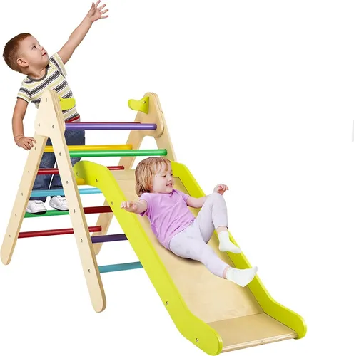GOPLUS 2 in 1 Kletterspielzeug mit verstellbarer Rutsche, Dreieckige Kletterleiter aus Holz, Sicherheitshandläufen, Kletterwand, für Zuhause & Kindergarten
