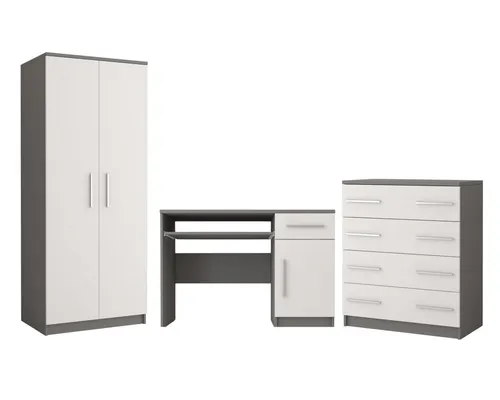 Deine Möbel 24 OLMO Jugendzimmer-Set 3-teilig in Weiß und Eiche - OLMO Jugendzimmer-Set: Modernes 3-teiliges Möbelset für Kinderzimmer mit eleganten Fronten und praktischen Funktionen. Ideal für stilvolle und funktionale Räume.