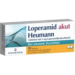 Loperamid Akut Heumann 10 ST - Effektive Unterstützung bei Durchfall - Loperamid Akut Heumann, 10 Tabletten, zur symptomatischen Behandlung von akuten Durchfällen für Erwachsene und Jugendliche ab 12 Jahren. Praktische Anwendung und schnelle Wirkung.