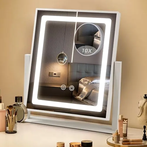 Azyvum Schminkspiegel mit Beleuchtung,Hollywood Spiegel 3 Farbtemperatur Verstellbares Licht, 360° Drehung, Touch Steuerung, Plug-in, Abnehmbar 10-fache vergrößerungsspiegel