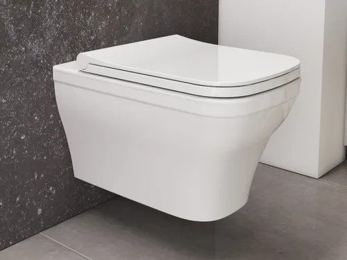 Aqua Bagno Firo spülrandlose Toilette WC inkl. Softclose Sitz - eckiges Design-Hänge-WC Wand WC
