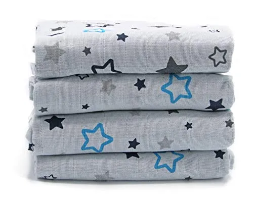 Clevere Kids Mulltücher Sterne SUPERIOR - 80x80 - Set 4 Stück - Öko-Tex Standard 100 (Asterion hellgrau-navy-aqua)