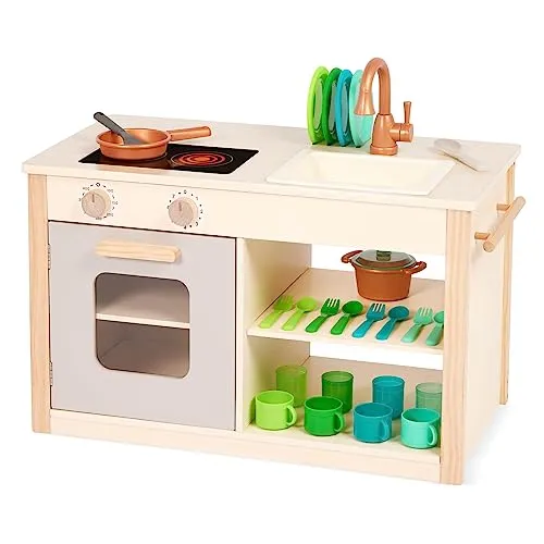 Battat Two n' One Cookin' Fun Kinderküche & Markt mit Kreidetafel | 26-teiliges Holz-Spielset mit Herd, Backofen, Spüle und Marktseite; kleinkindgerechte Größe, Kinderküche; 2+ Jahre