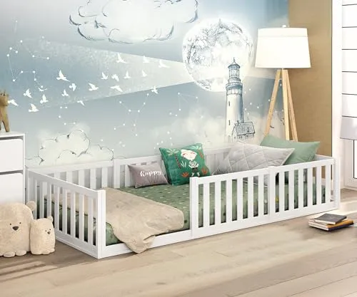 CADANI Teso Bodenbett 90x200 cm weiß – Flexibles Kinderbett mit Roll-Lattenrost