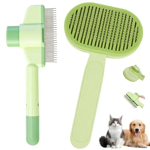 Omtofo 2 Teiliges Set Selbstreinigende Haustierbürste, Fellblitz Bürste Katze Mit Auslöseknopf, Selbstreinigender Haustier Flohkamm Fellpflegebürste für Langhaar und Kurzhaar(Green)