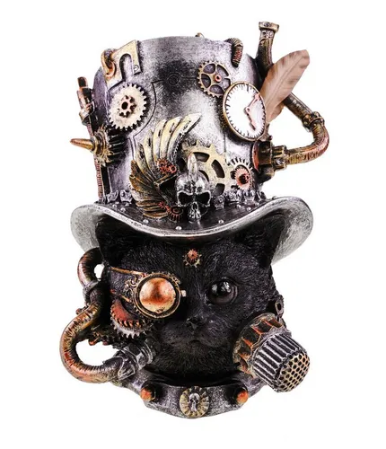 Kremers Schatzkiste Dekofigur Steampunk Katze mit Hut Handbemalte Dekofigur 21x 18x 18 cm