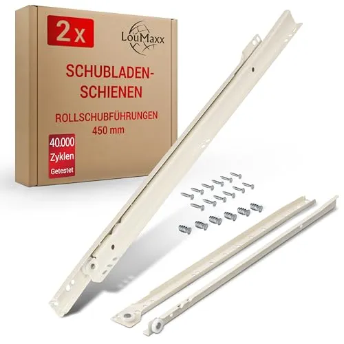LouMaxx Rollschubführungen 450 mm | 2er Set (1 Paar) Schubladenschienen weiß | Schubladen Schienensystem mit Teilauszug | Leichtgängige Schienen Schublade in Cremeweiß
